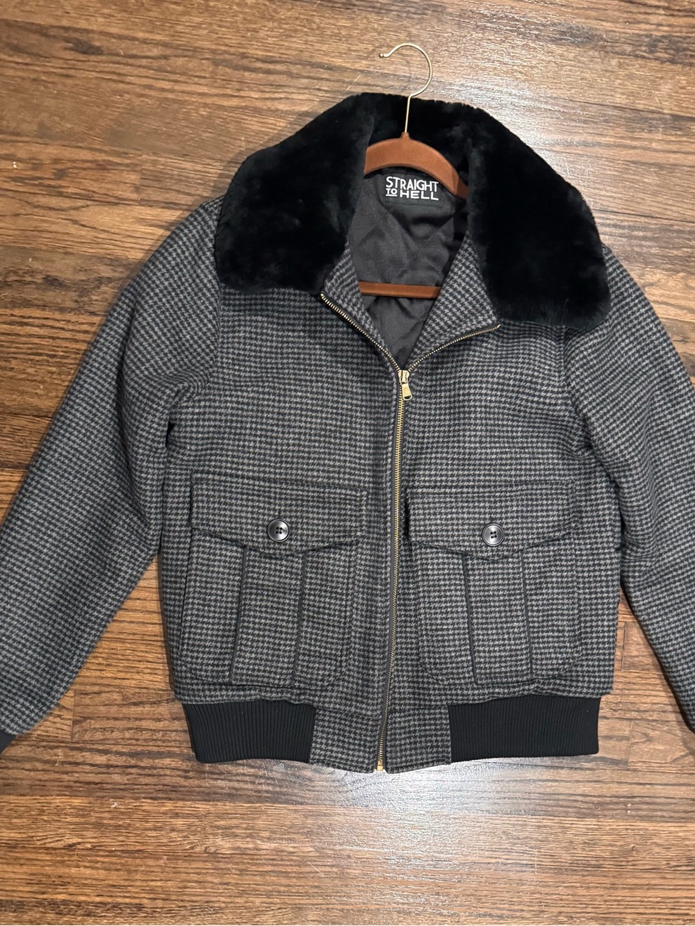 Men's Black/Grey Houndstooth Bomber Jacket with Faux Fur Collar